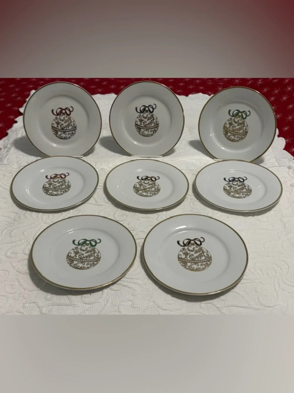 Pier One Ornament Dessert Plates 7.5” Gold Trim Set of 8